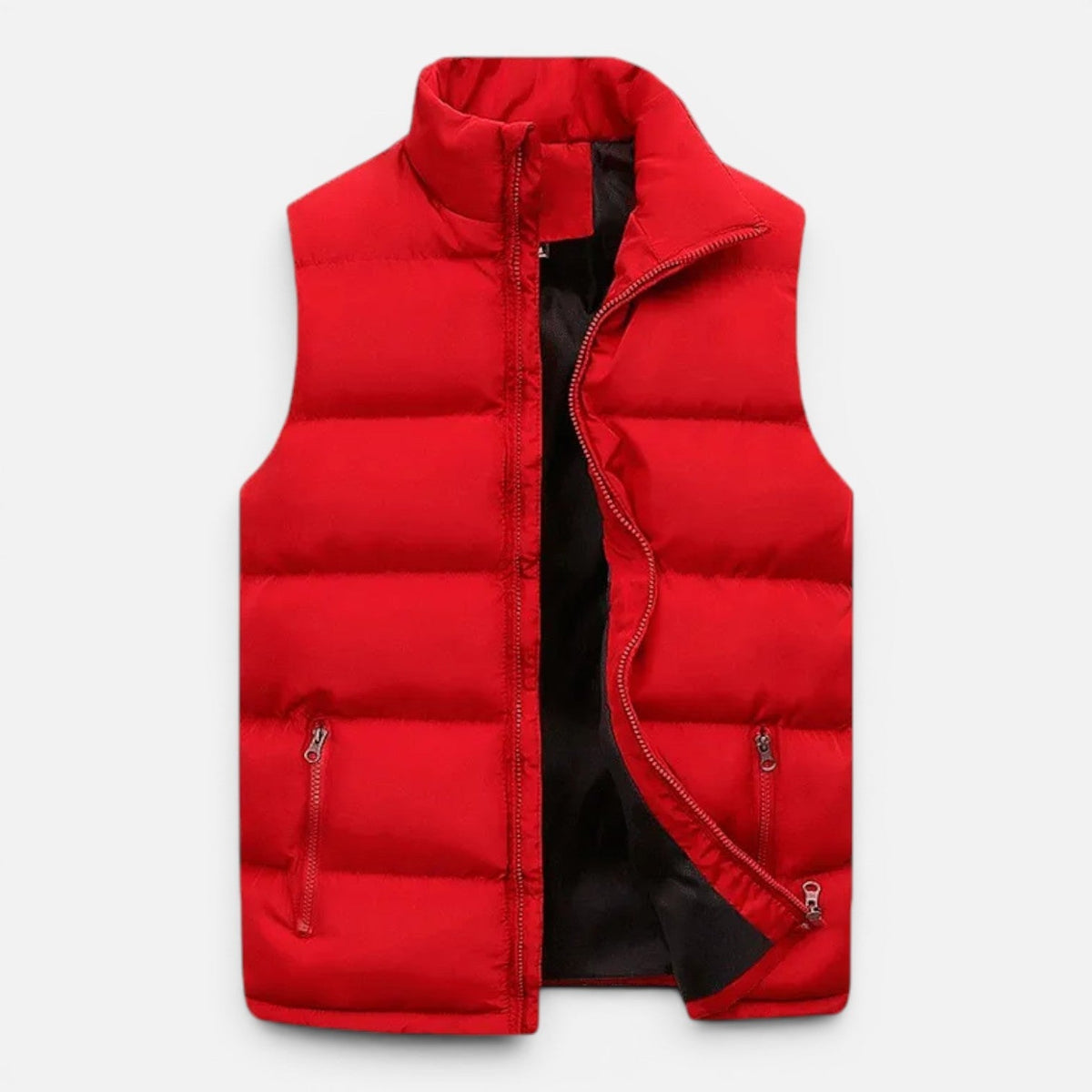 Red quilted vest laid flat with front open, showing zippered pockets and dark lining
