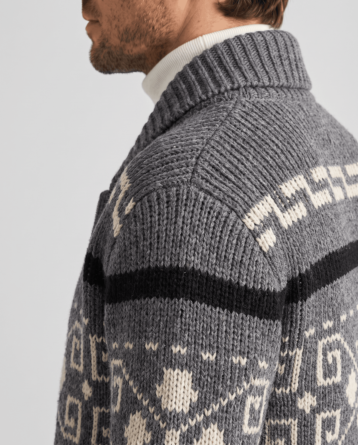 Close view of gray cardigan geometric pattern and black stripe
