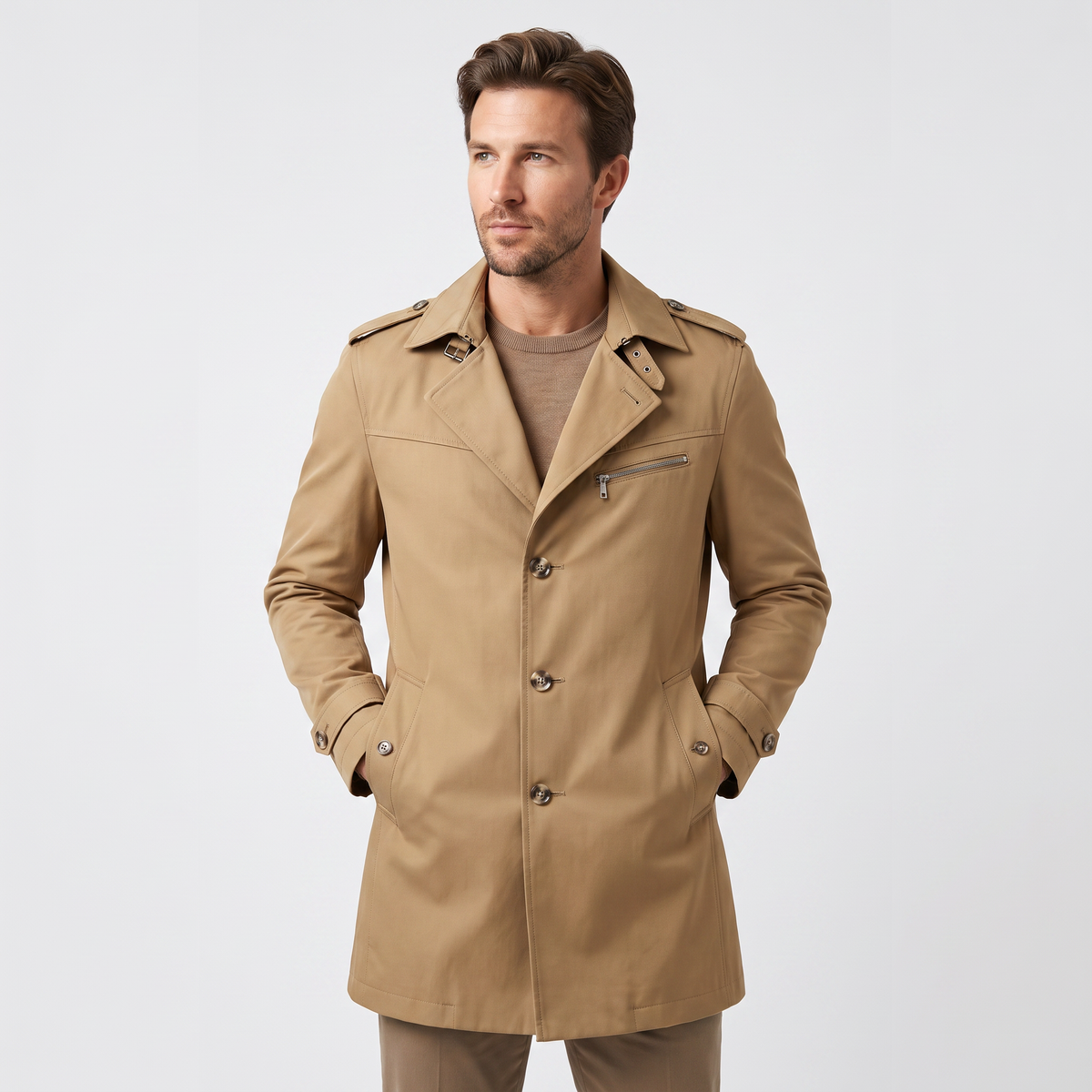 Longline single-breasted trench coat with a point collar, storm flap and epaulettes.