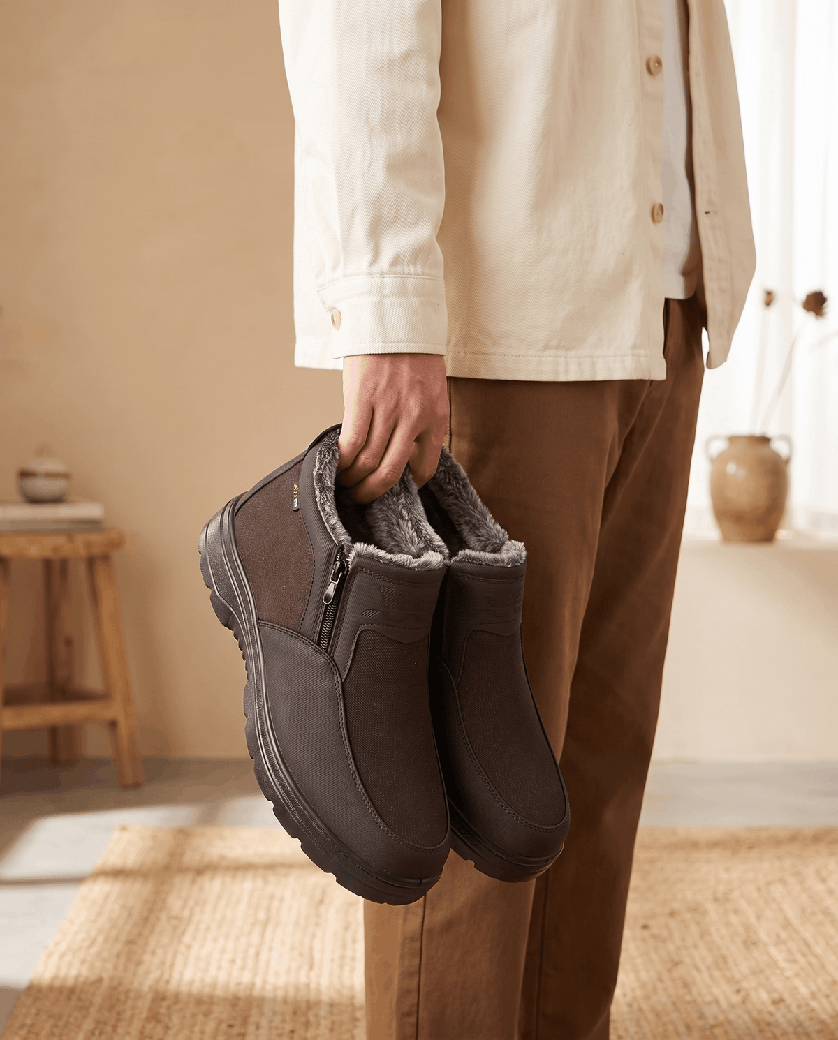 Person holding brown fleece-lined ankle boots indoors.
