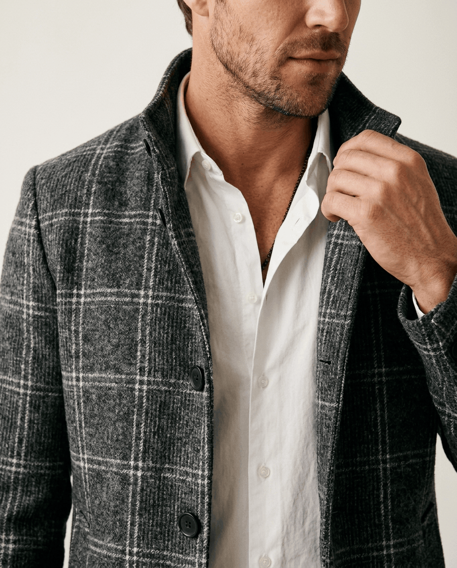 Dark gray check overcoat collar and button front detail, with a hand at the chest