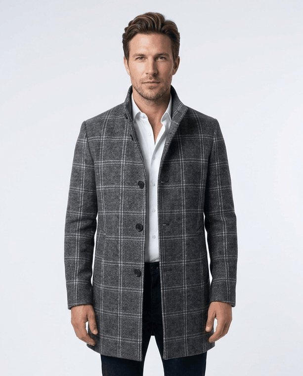 Dark gray window-check overcoat with a stand collar, worn over a white shirt