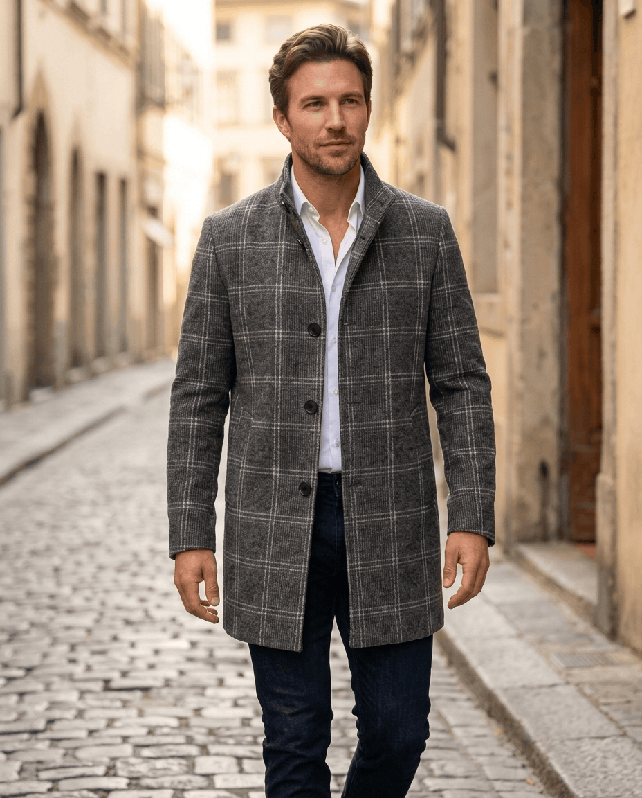 Man in the dark gray check overcoat standing on a sunlit old-town street