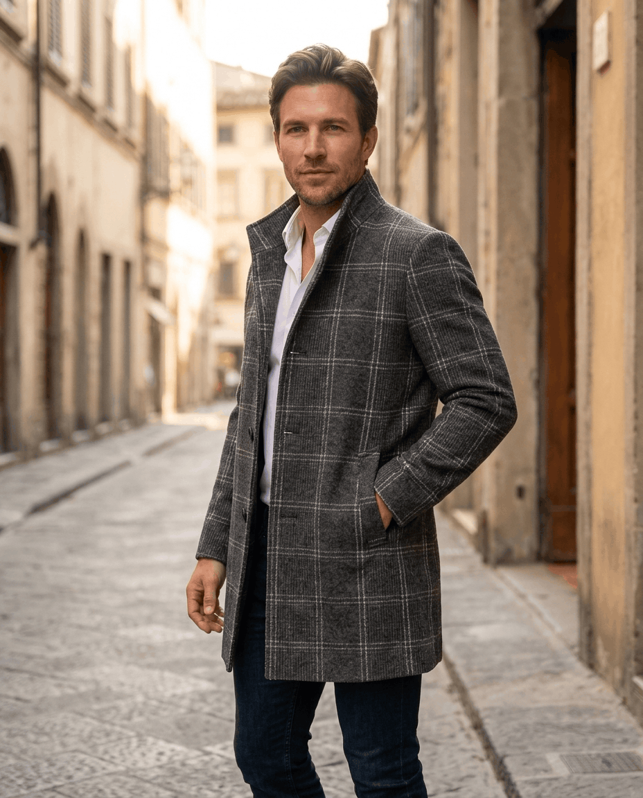 Dark gray check overcoat in a three-quarter pose on a sunlit street