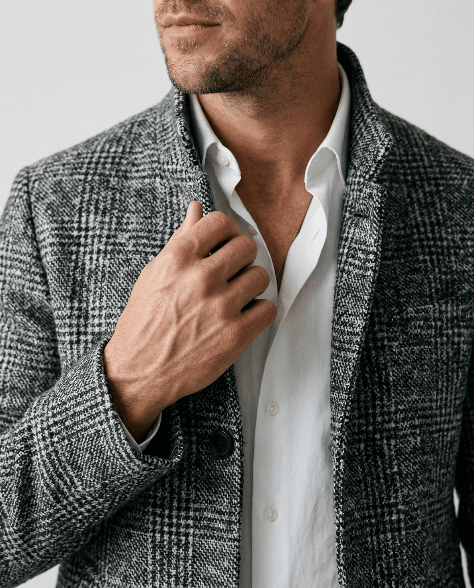 Close-up of the light gray and black herringbone texture at the stand collar