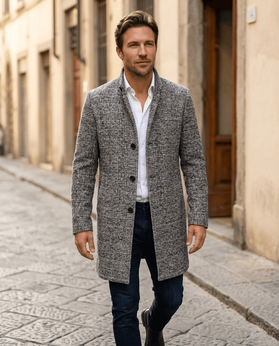 Man walking a cobblestone street in the light gray and black herringbone overcoat