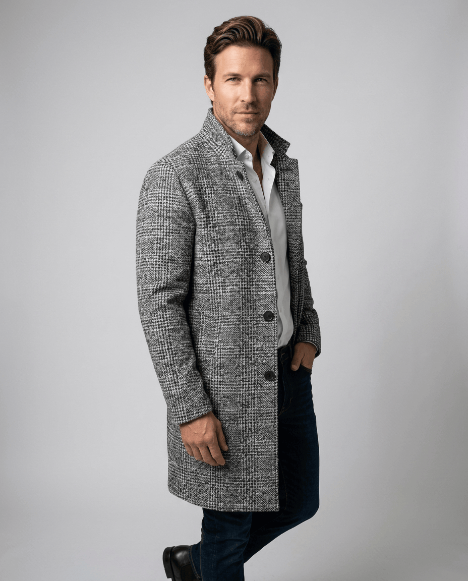 Light gray and black herringbone overcoat in a three-quarter walking pose, stand collar visible