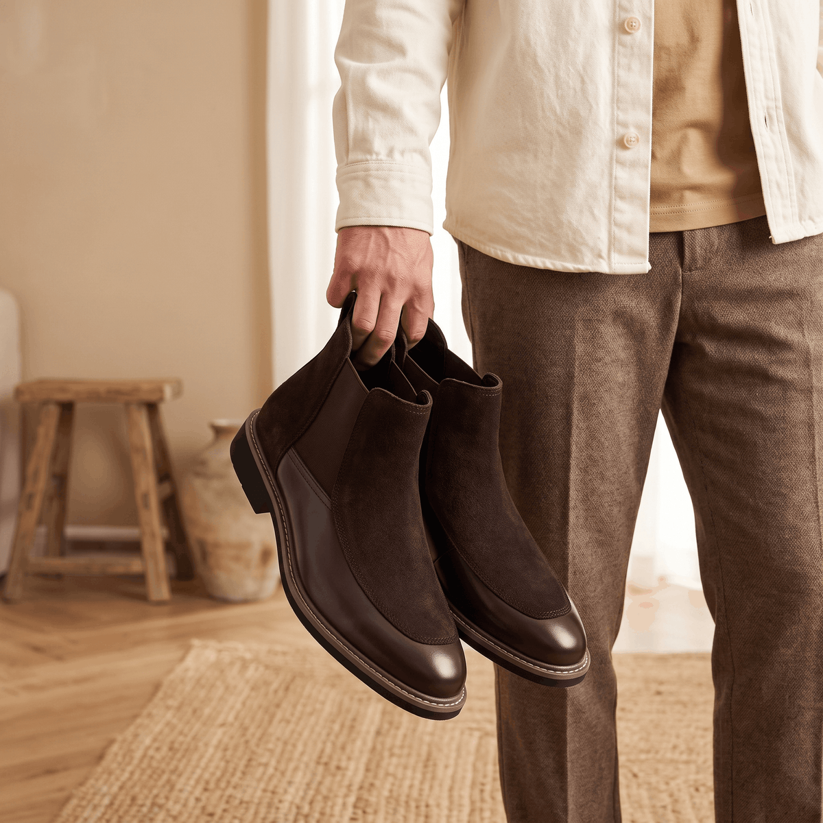 Dark brown suede Chelsea boots with polished leather toe caps, elastic side gores, and welt stitching held by hand.