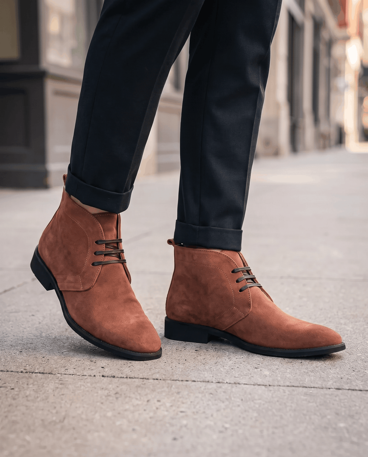 Brown suede chukka boots worn with navy trousers on a city pavement.