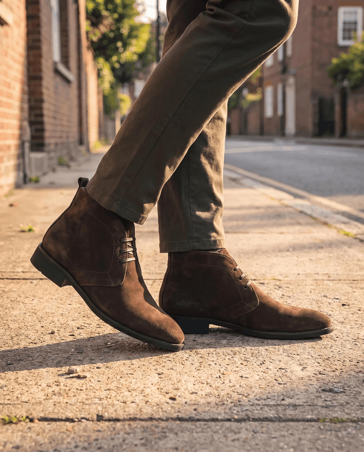 Man walking on a sunlit pavement in dark brown suede chukka boots.