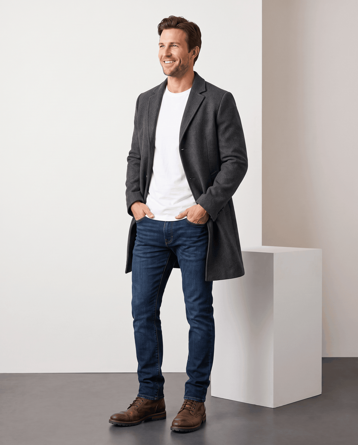 Dark gray tailored overcoat worn open over a white tee, jeans and brown boots