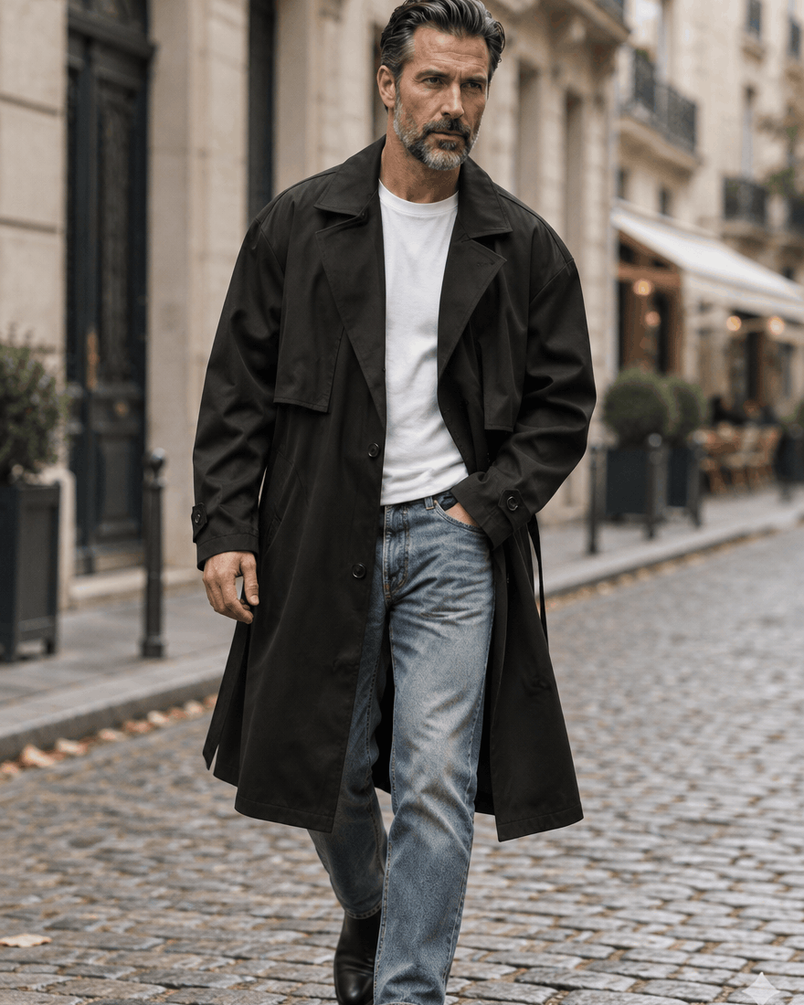 Man walking on a paved street in a black longline coat, white tee and light jeans