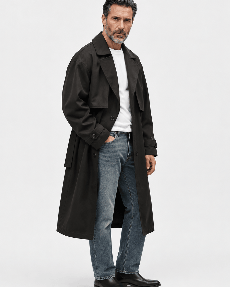Black longline coat in a three-quarter view with one hand in the pocket and the belt untied