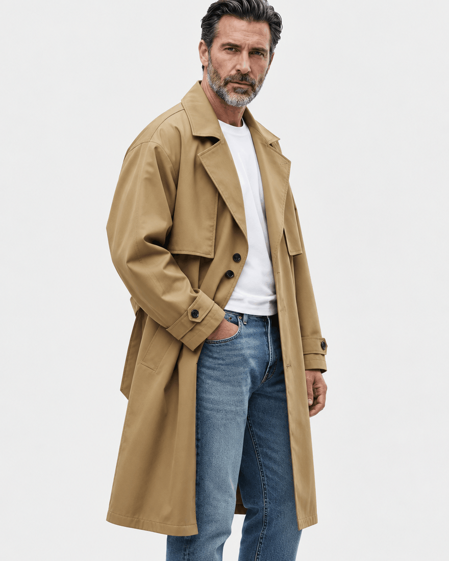 Men's trench coat in brown worn open with one hand in the pocket, shown at a three-quarter angle