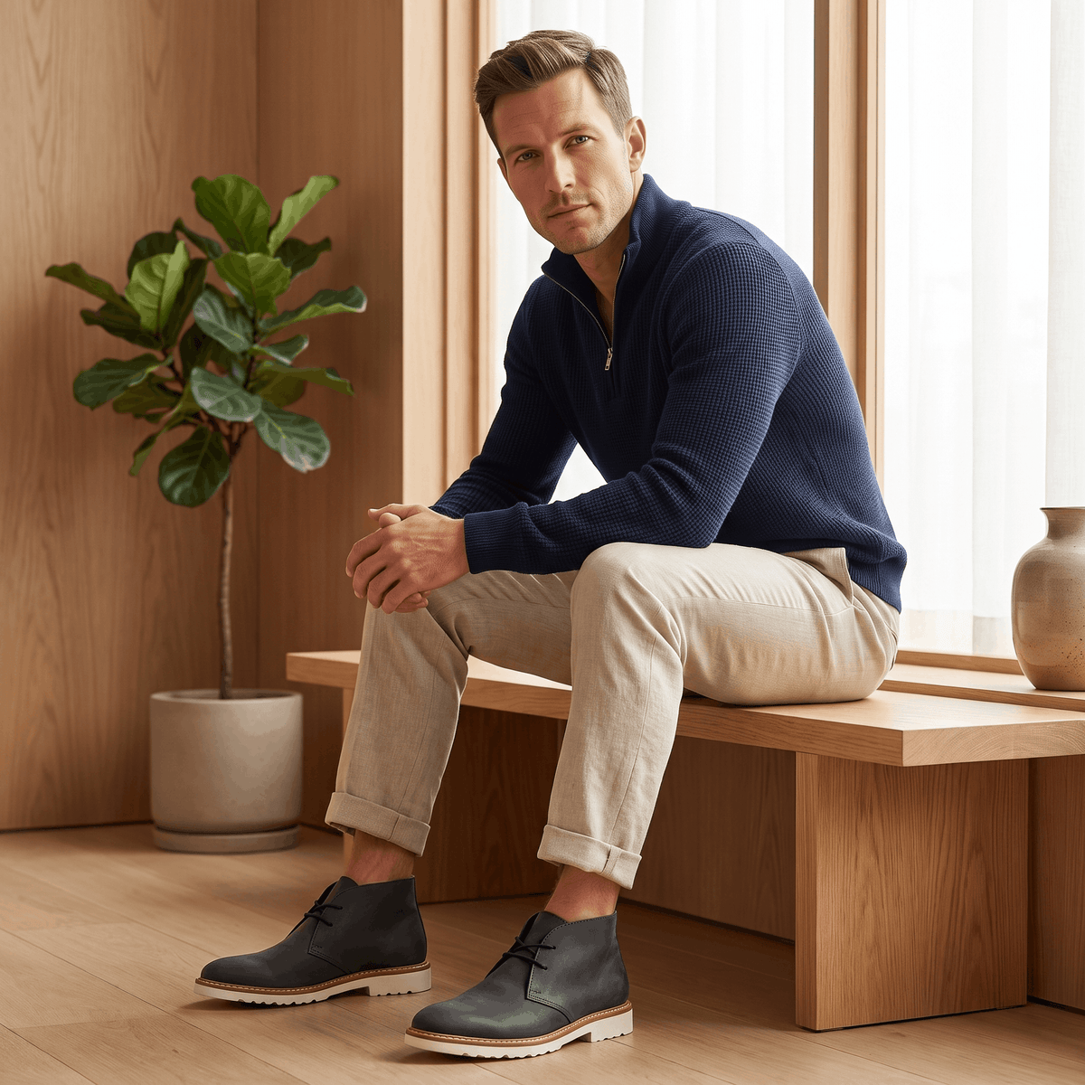 Man seated indoors wearing black two-eyelet chukka boots with a chunky outsole.