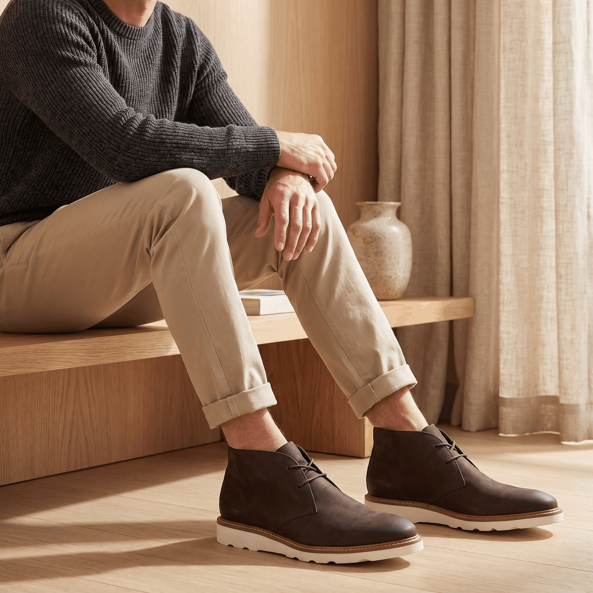 Lace-up chukka boot with a clean front, two eyelets, and a chunky outsole.