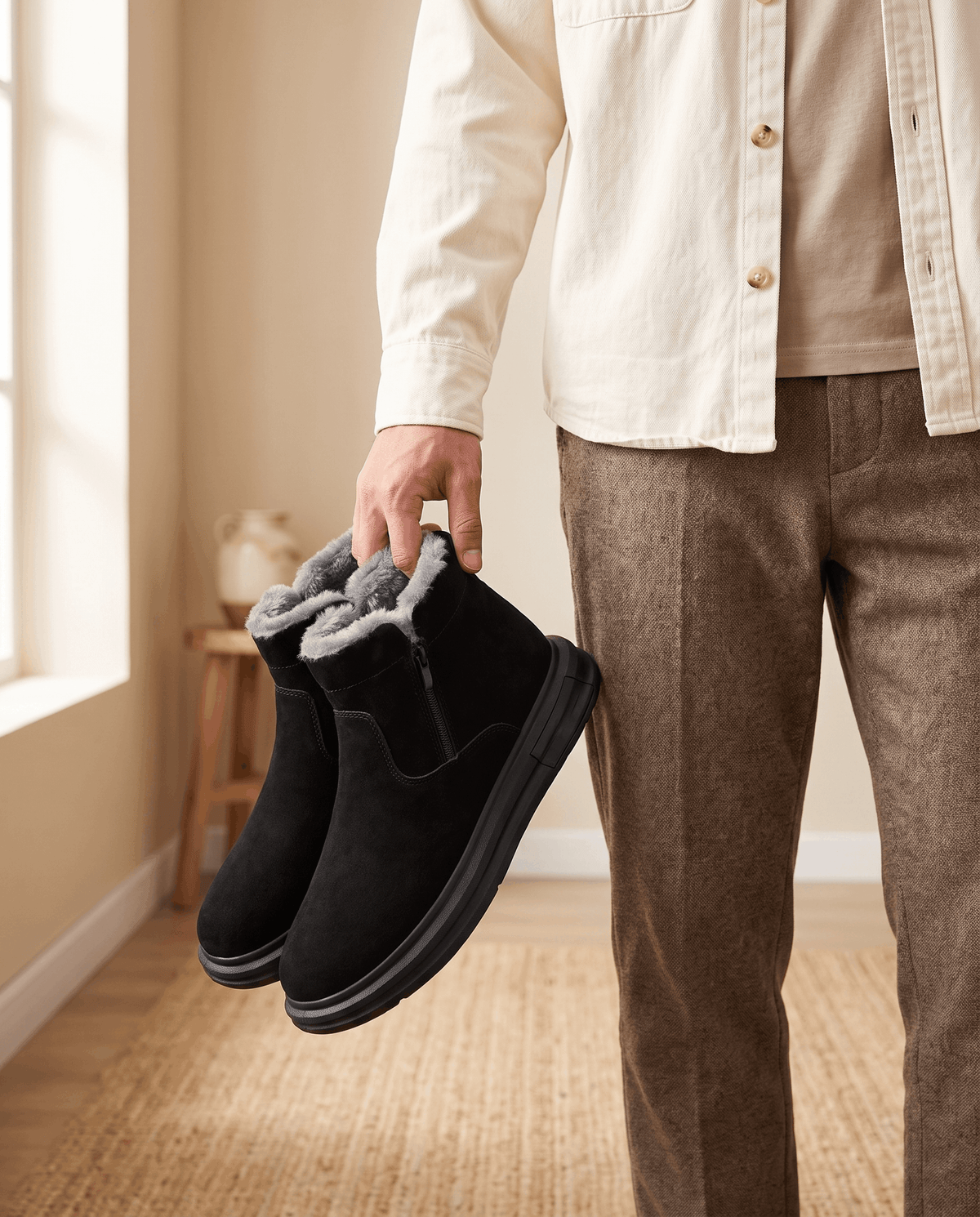 Person holding a pair of black wide toe box winter boots with plush fleece lining.
