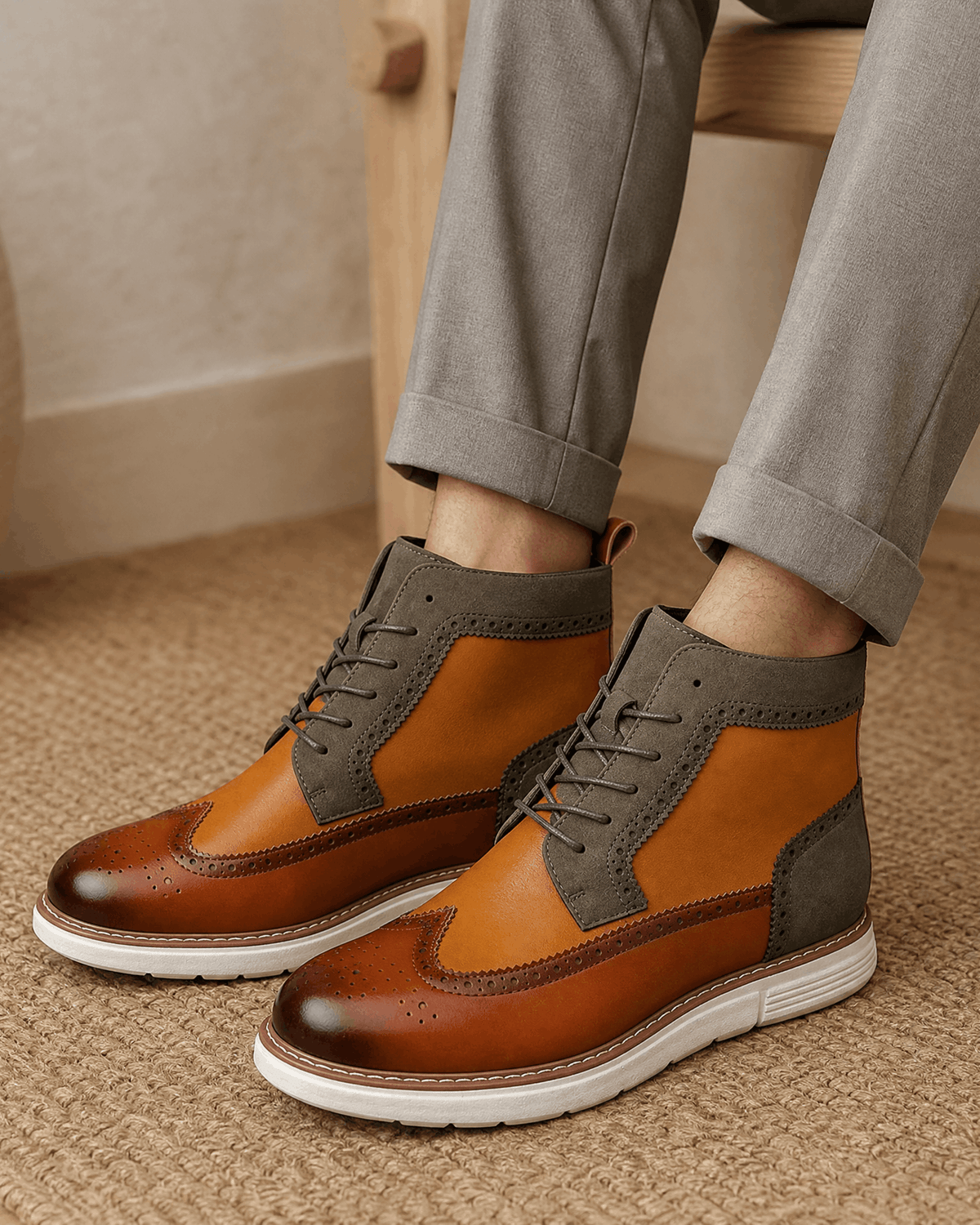 Smooth grain brown wingtip boots with grey matte panels, brogue perforations, and a chunky white cupsole on a textured rug.