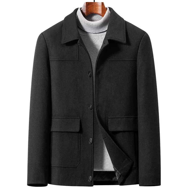 Black coat on a form, front view showing both flap hip pockets