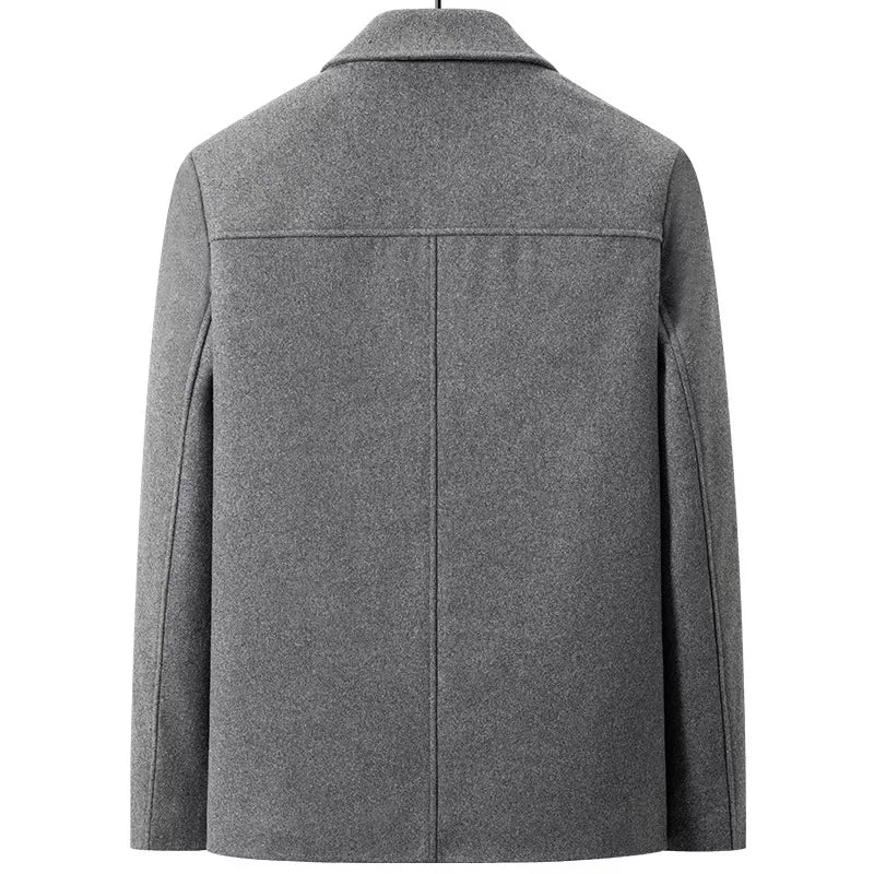 Flat back view of the gray coat with a plain panel and yoke seam