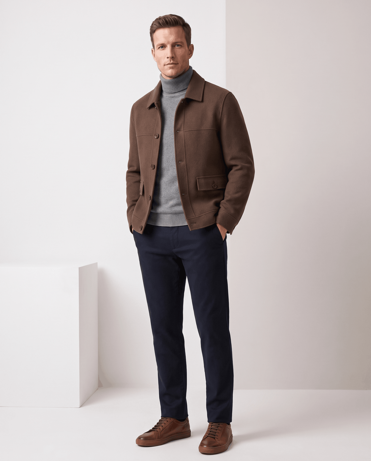 Full-length dark brown jacket styled with navy trousers and tan brogue shoes