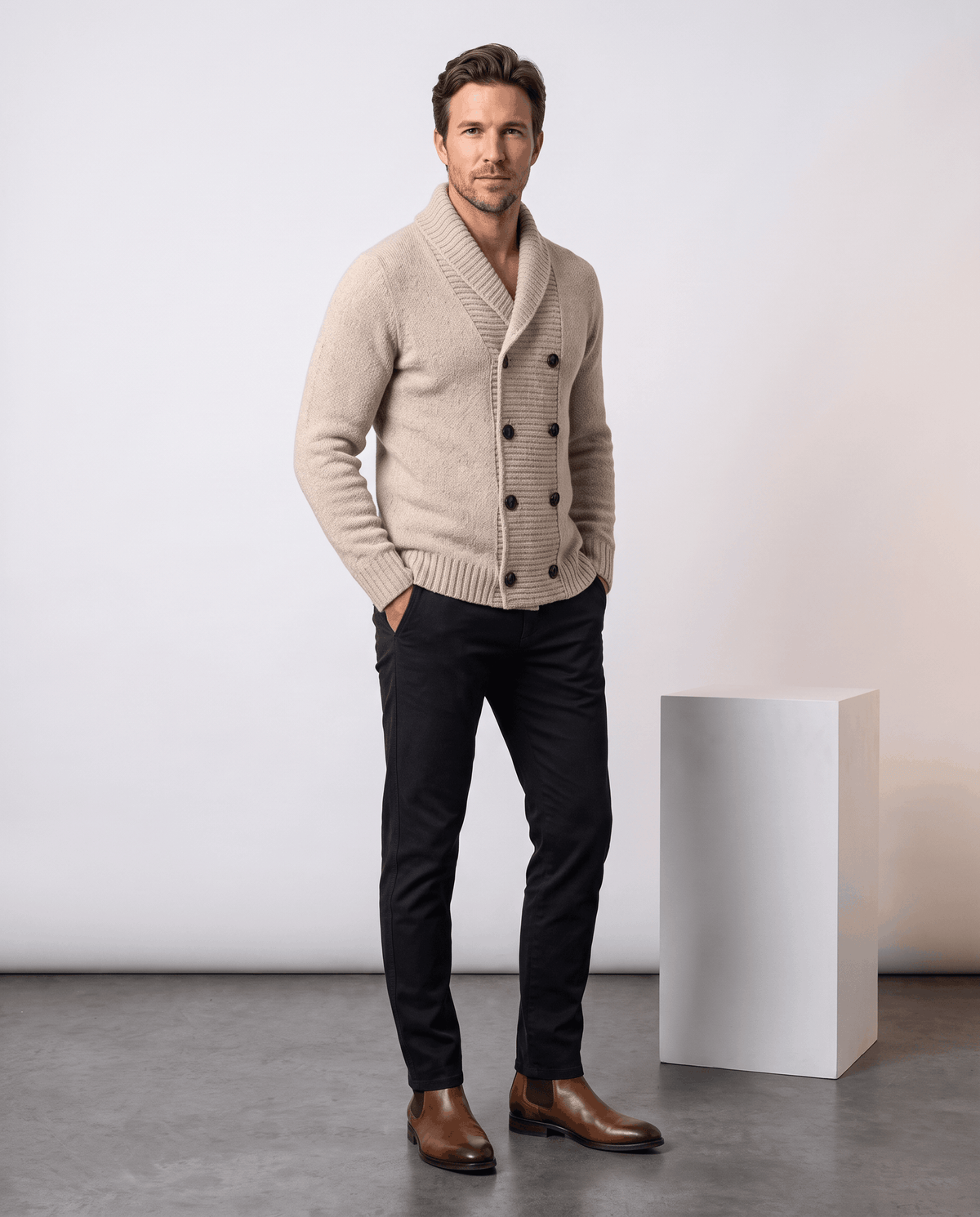 Full-length look with beige double-breasted cardigan, dark trousers and brown shoes