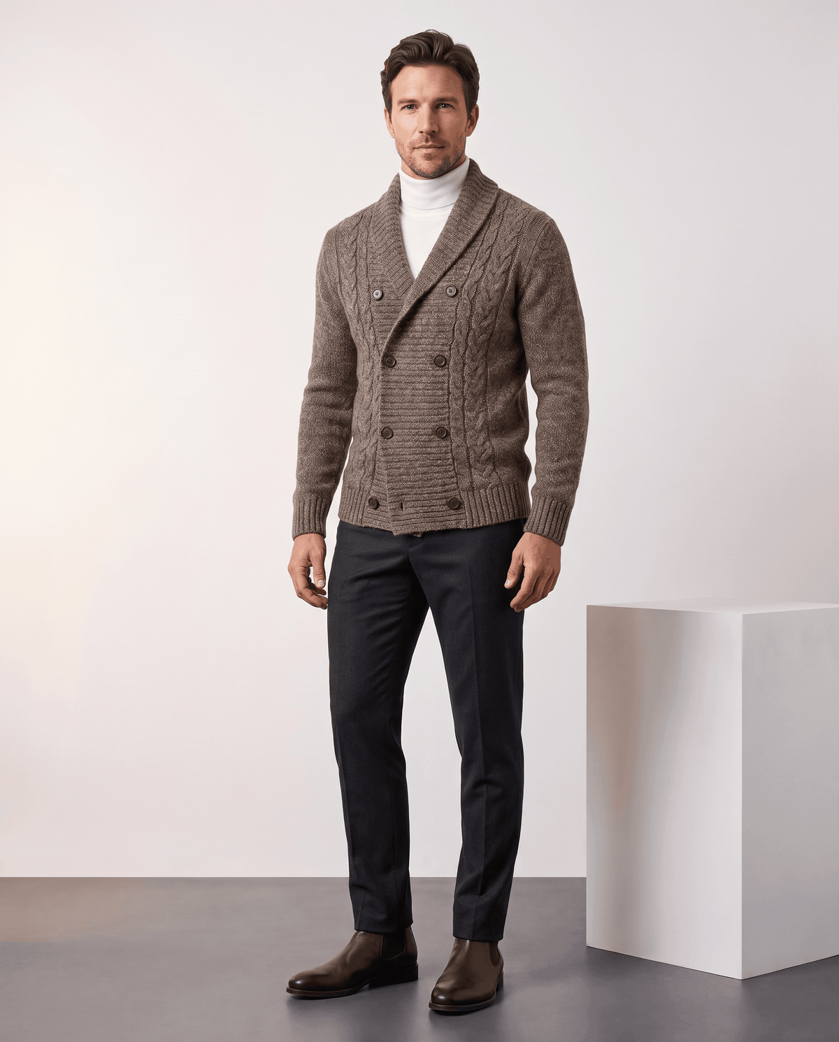 Full-length look with dark brown double-breasted cardigan, dark trousers and brown shoes