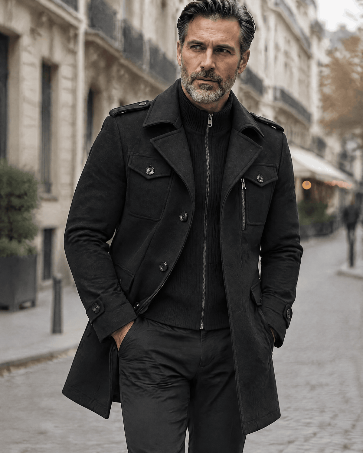 Man walking on a city street in a black wool blend coat with a dark knit bib and hands in pockets
