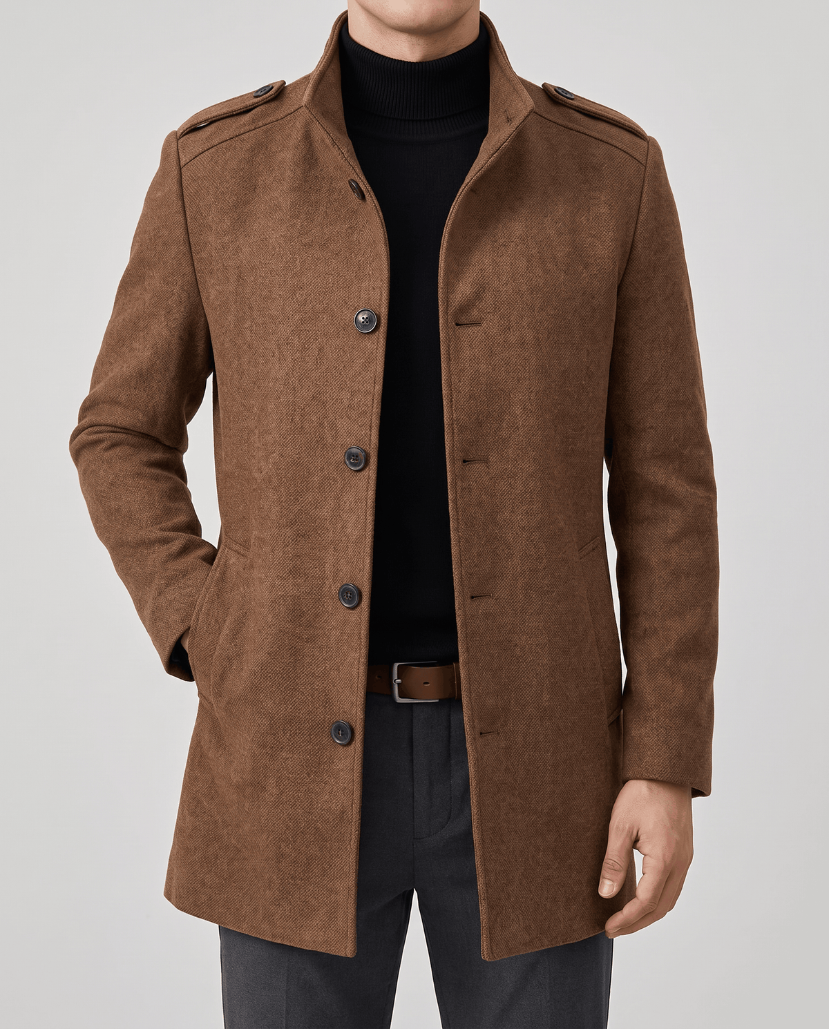 Brown overcoat front detail showing the stand collar, epaulettes and row of buttons