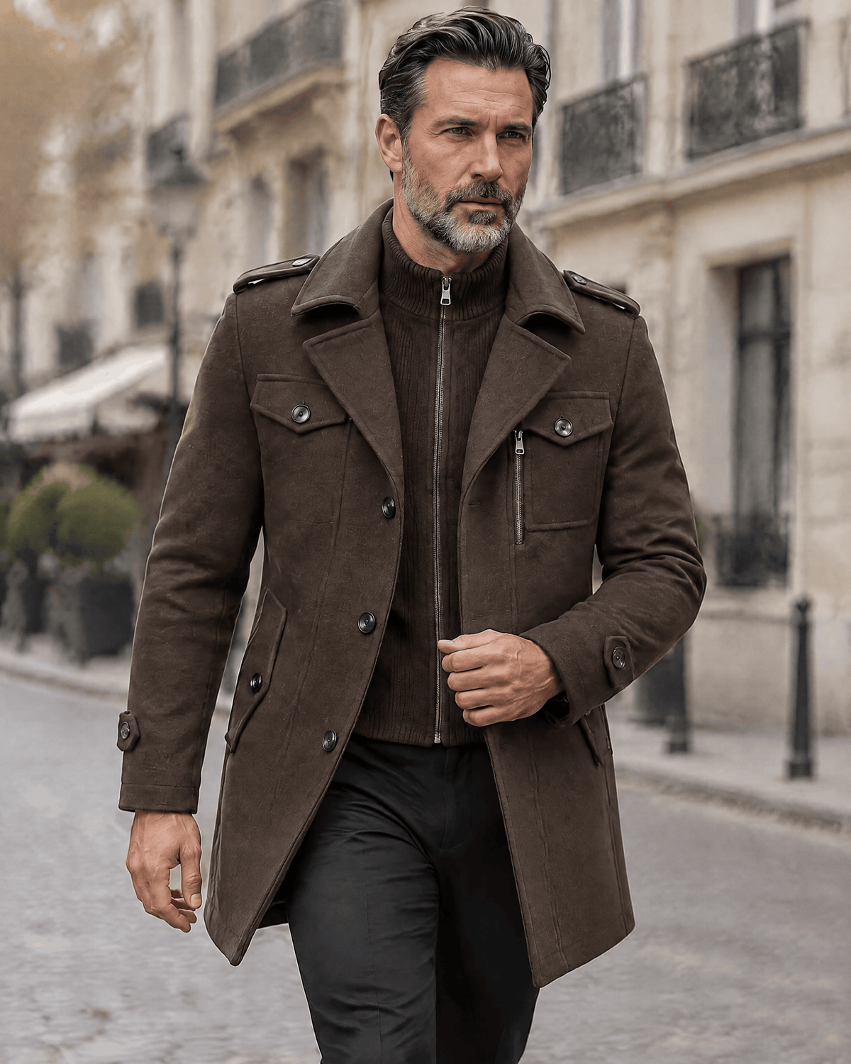 Man walking on a Paris-style street in a brown wool blend coat with the front buttoned
