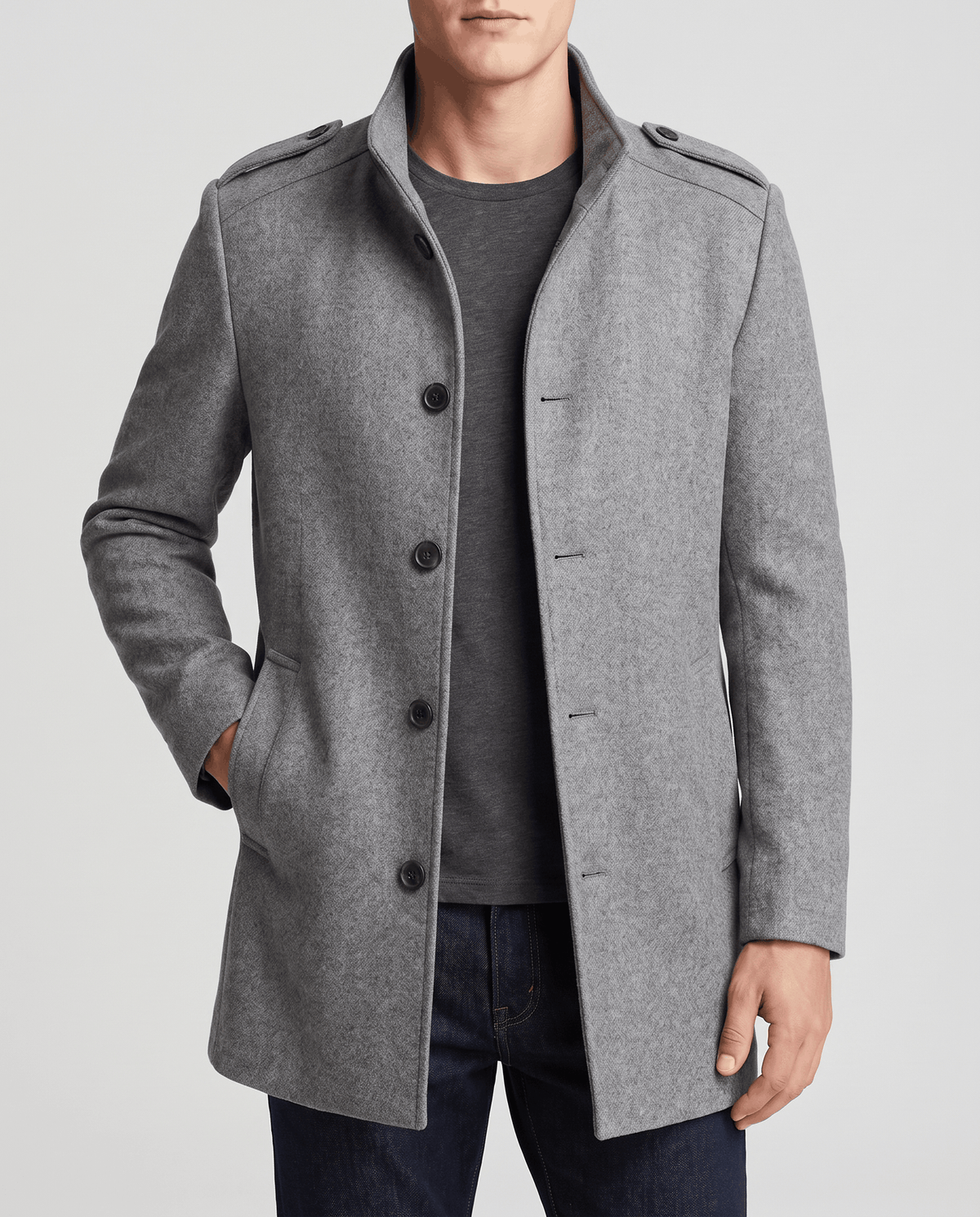 Gray overcoat worn open over a gray tee, showing the button front and epaulettes