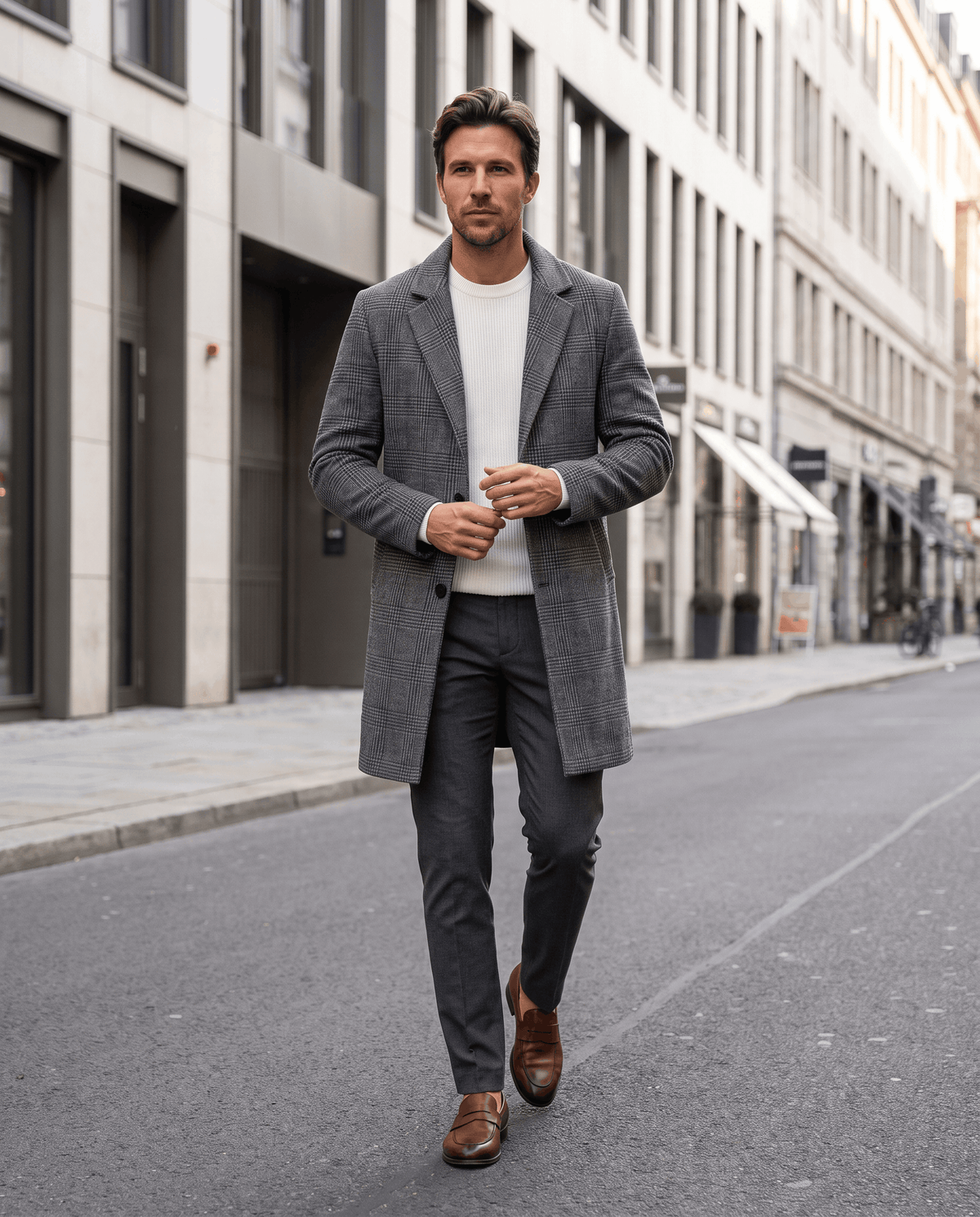 Man buttoning the gray overcoat on a city street, worn with a white shirt and dark trousers