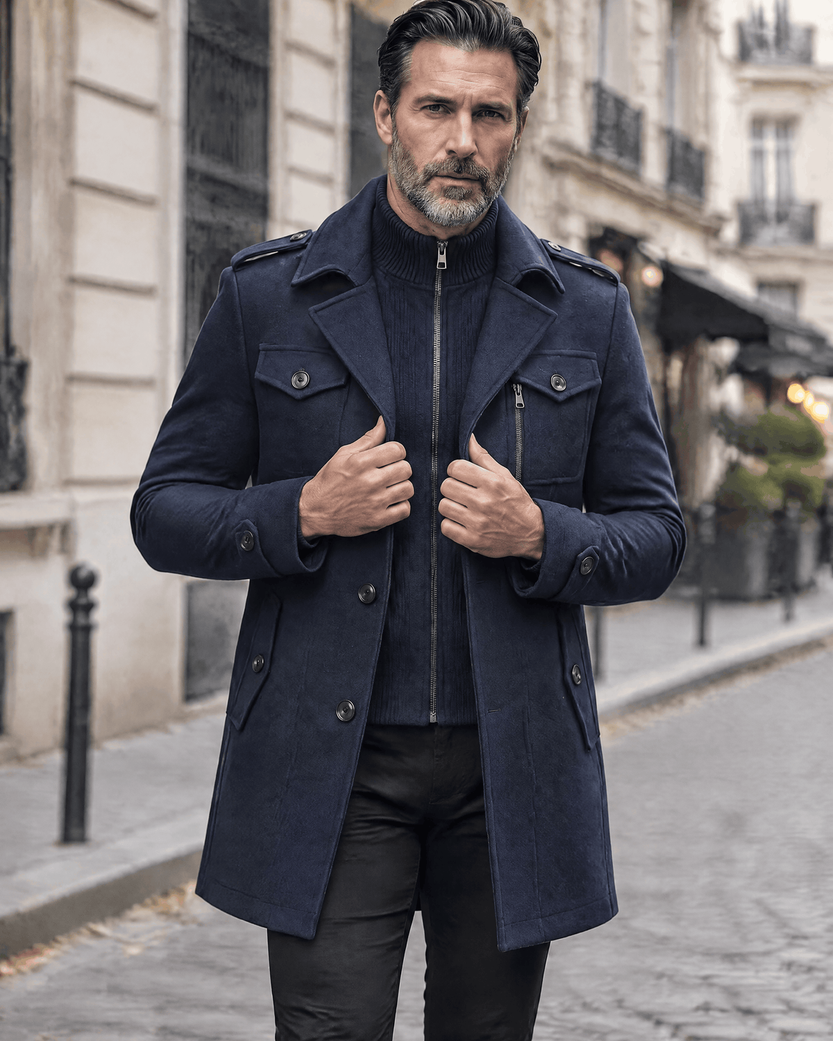 Man in a navy overcoat on a cobblestone street, coat open and hands at the lapels