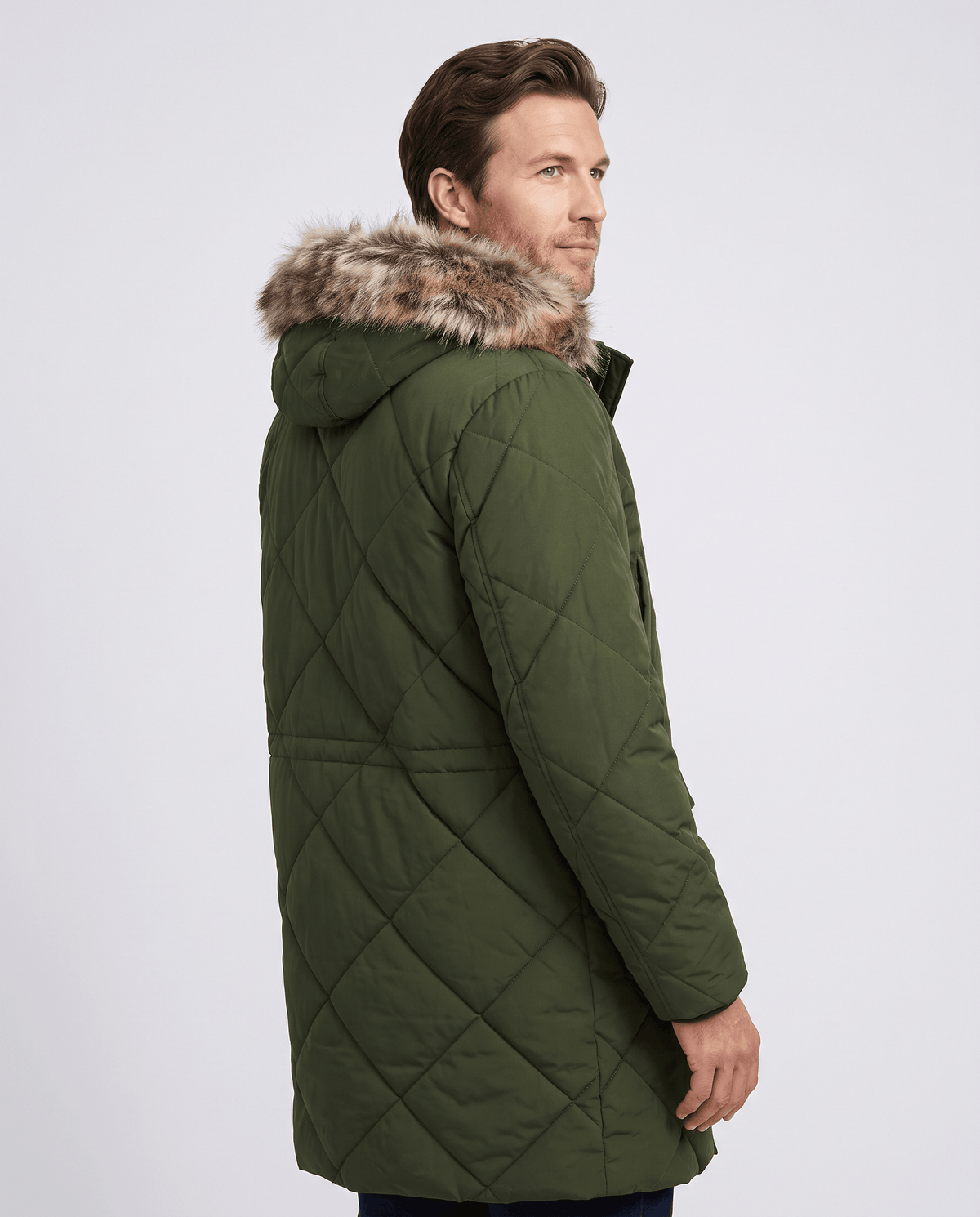Men's army green quilted long parka, back view with hood
