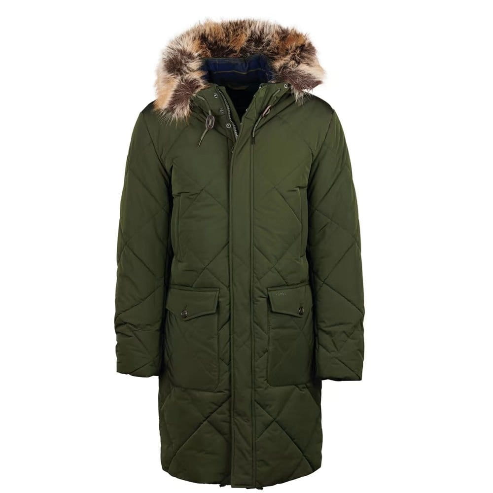 Army green quilted long parka laid flat, front view