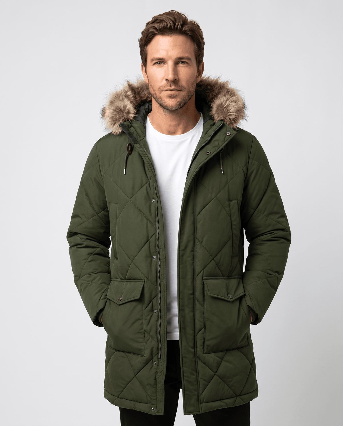 Men's army green quilted long parka, front view with fur-trim hood