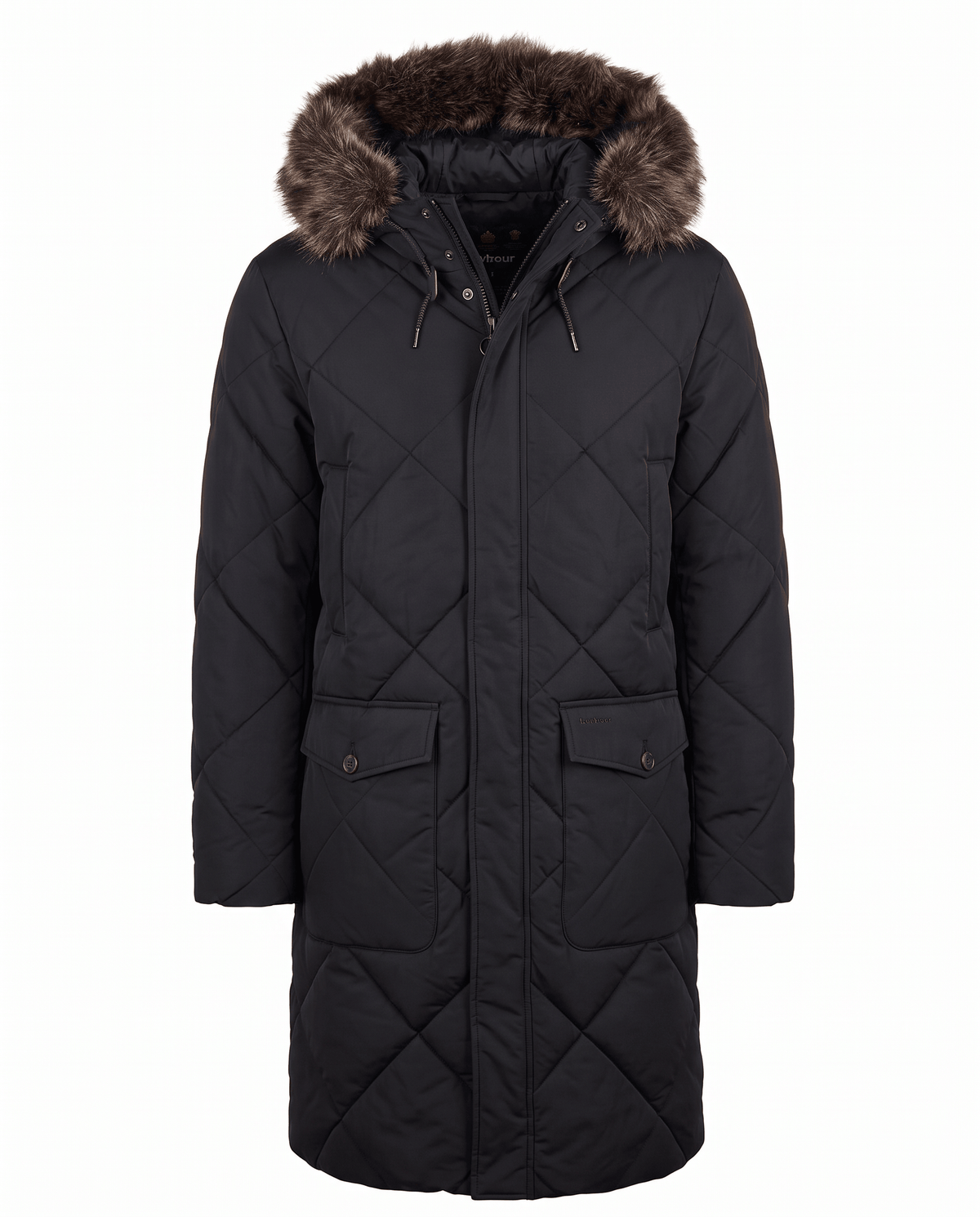 Black quilted long parka laid flat, front view