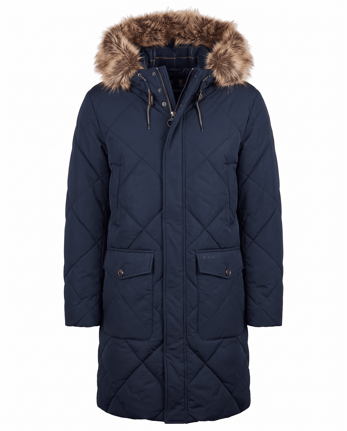 Navy blue quilted long parka laid flat, front view