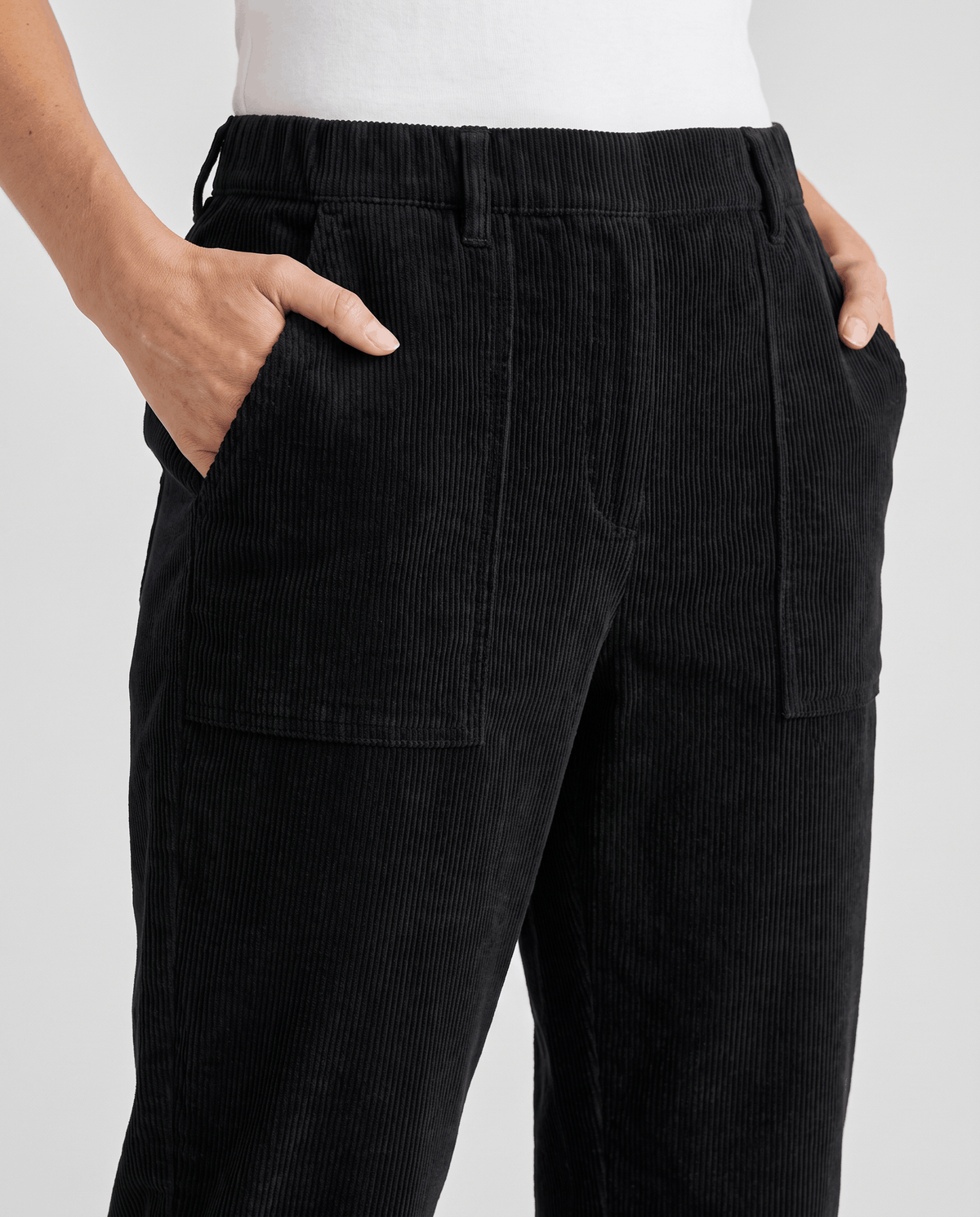 Close-up of black ribbed fabric at the front with hands resting in slant pockets