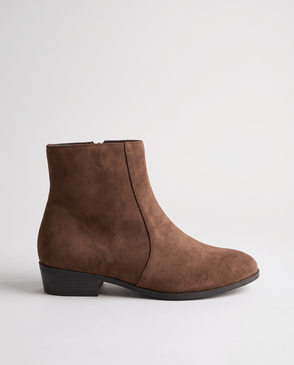 Side view of brown suede-look boot with zip closure