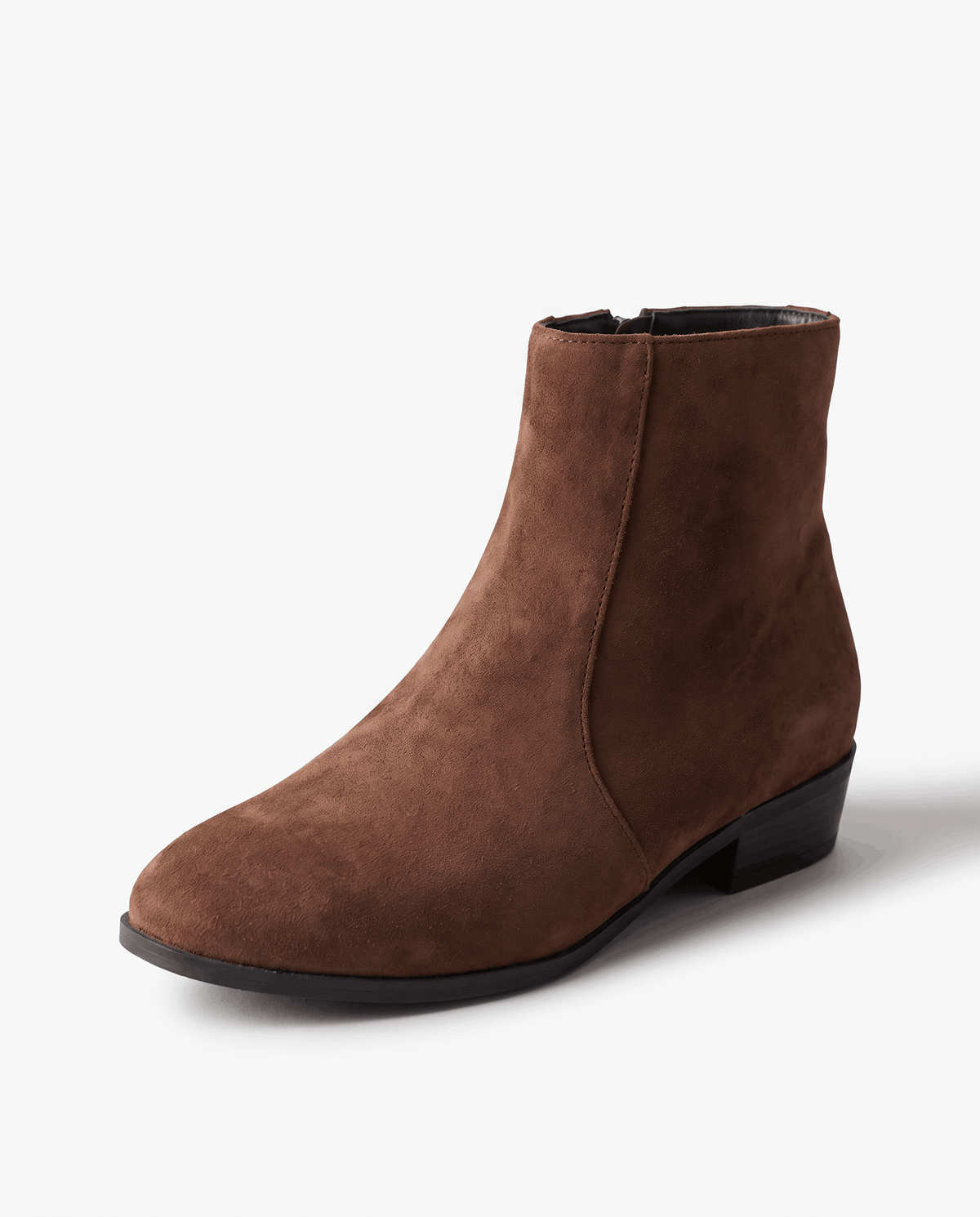 Single brown suede-look ankle boot in three-quarter view