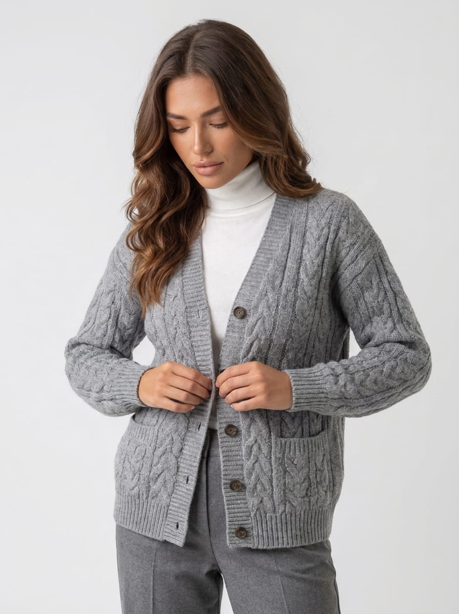 Women's gray cable-knit button cardigan worn open over a white top and gray trousers