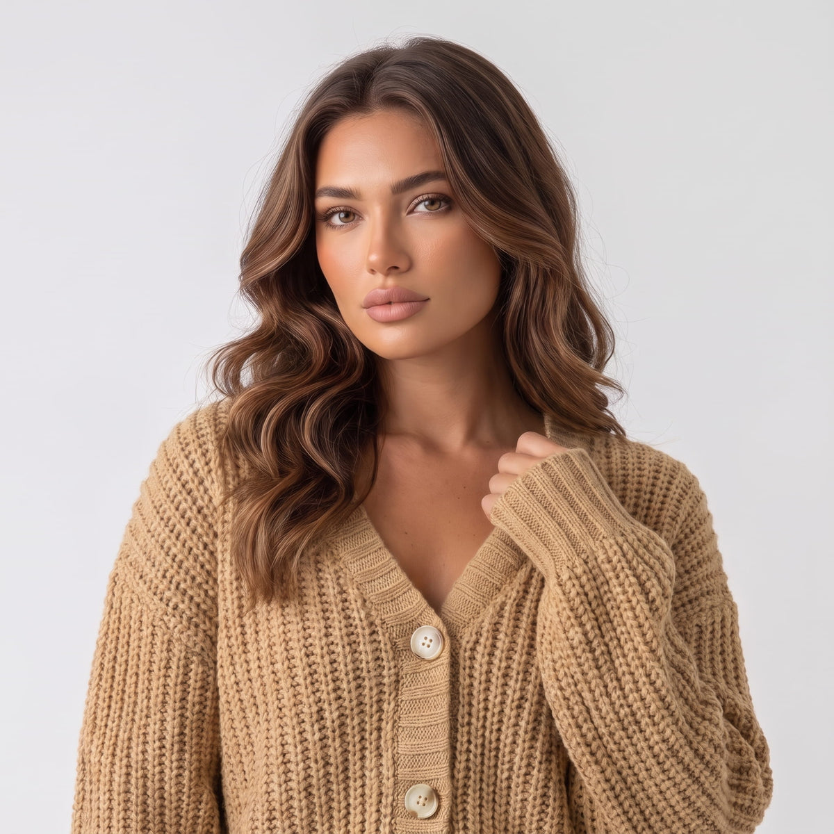 Khaki chunky knit cardigan V neckline and button front shown in close view