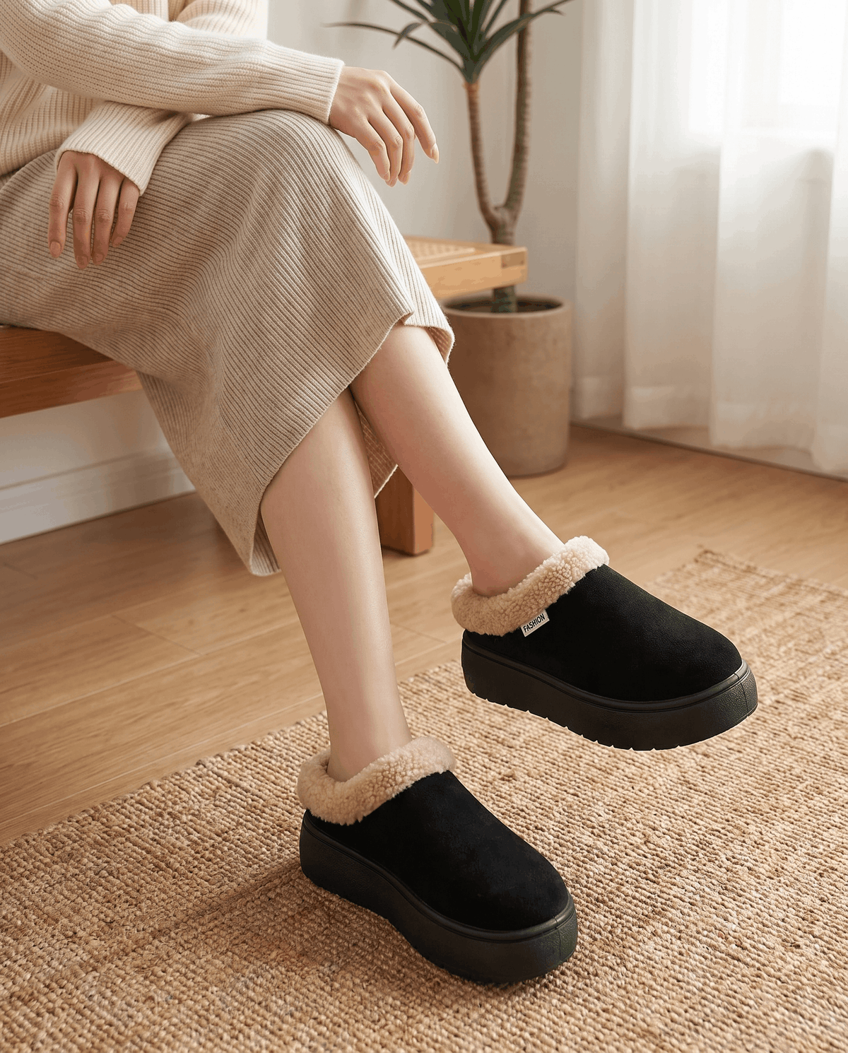 Person wearing black fleece-lined slippers with shearling-look cuffs indoors.