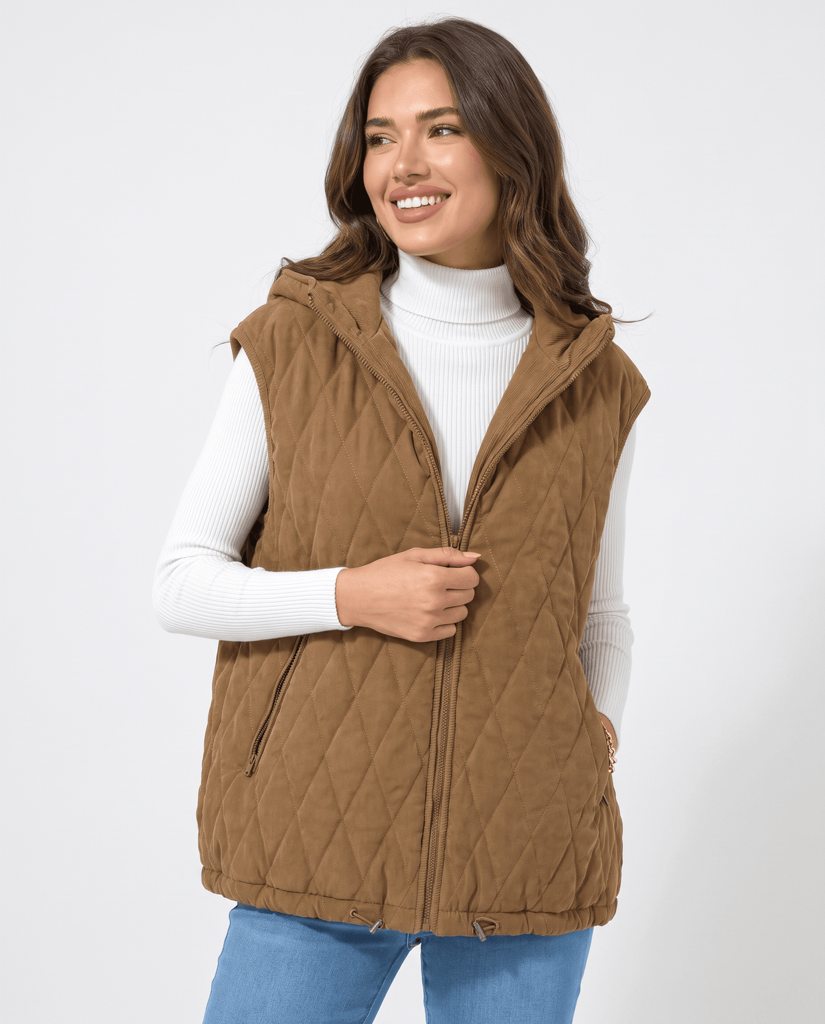 Brown hooded quilted vest with full zip front worn with blue jeans