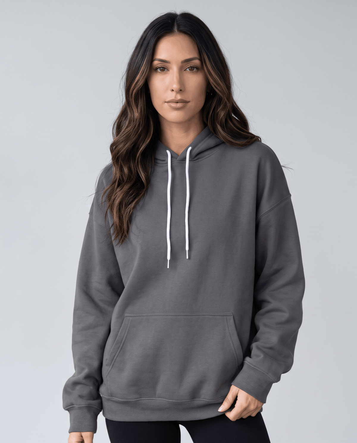 Gray pullover hoodie with white drawstrings and front pocket, front view