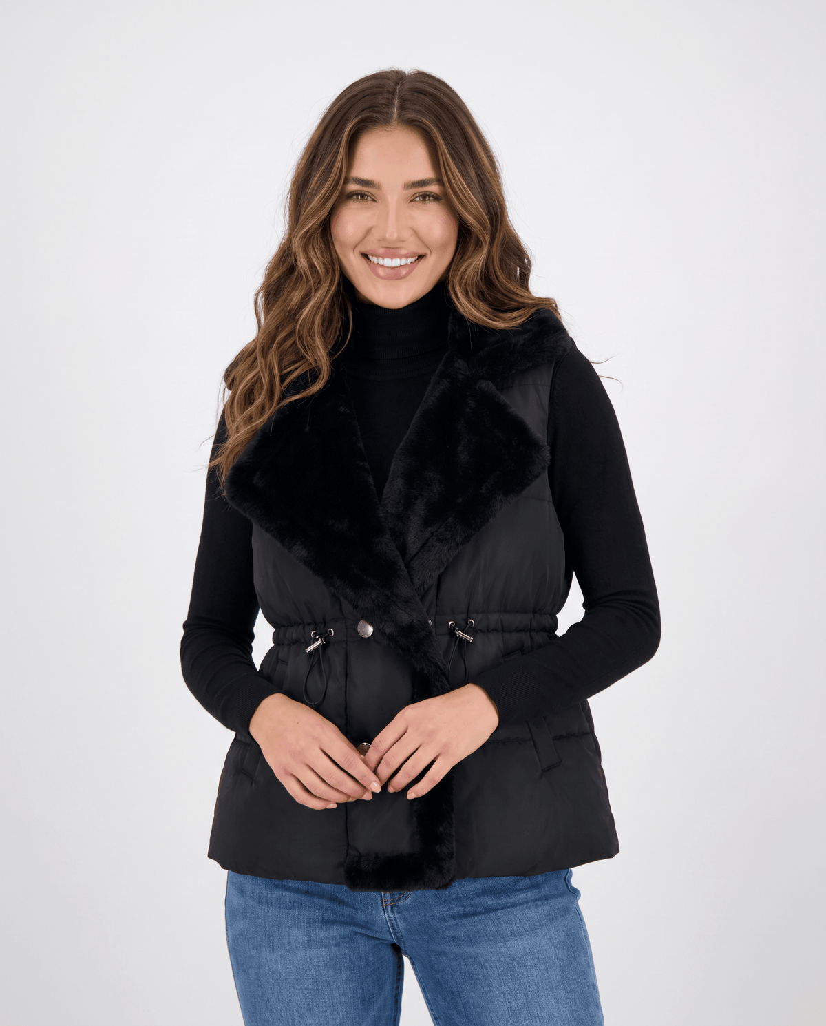 Black padded vest with plush collar and cinched drawstring waist, front view