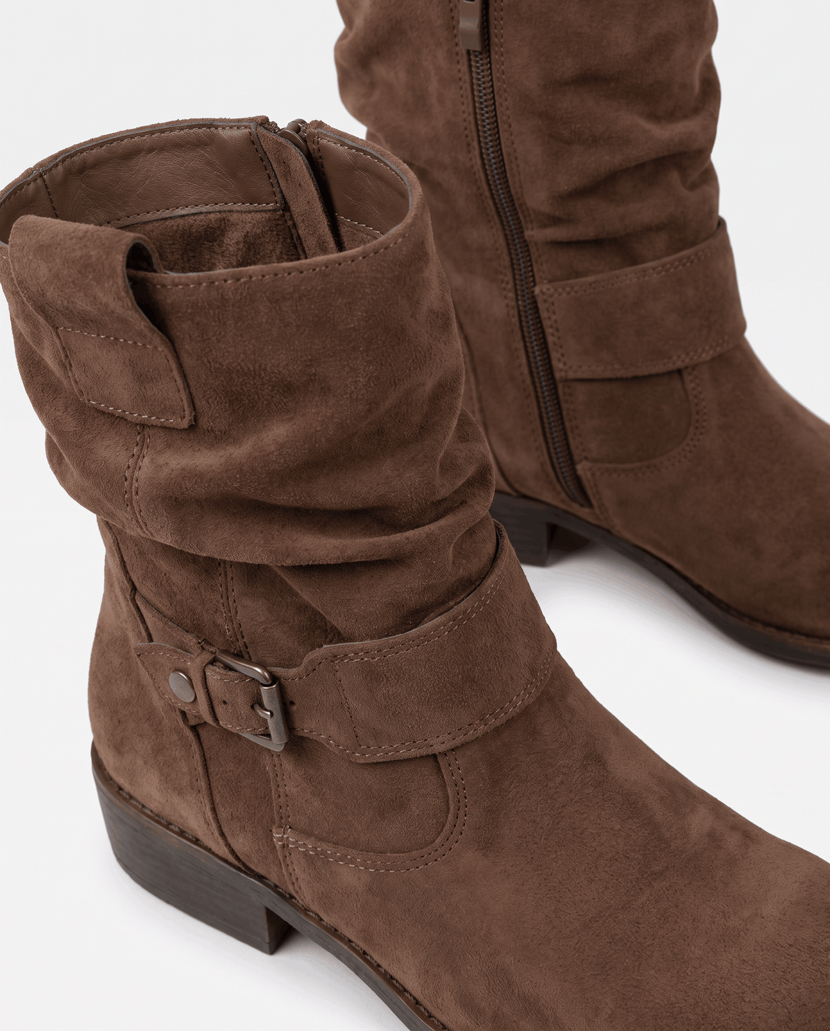 Close-up of the tab strap and rivet snap on brown suede