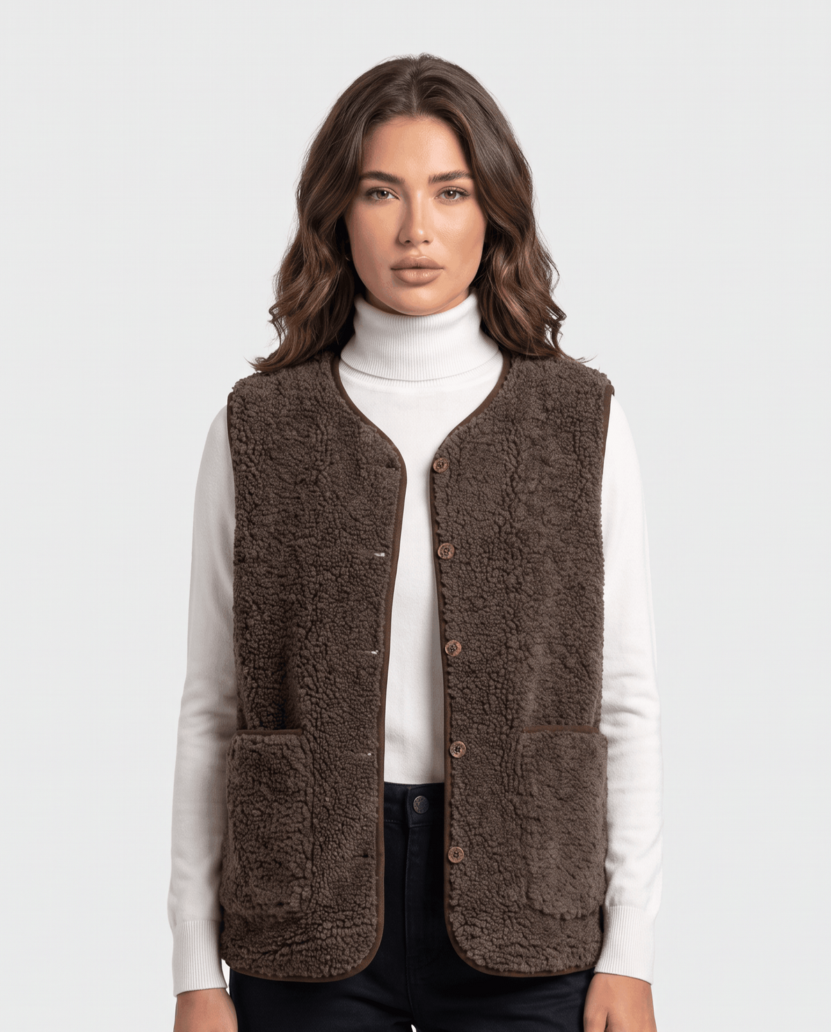 Women's teddy fleece vest in brown with button front and patch pockets over a white turtleneck