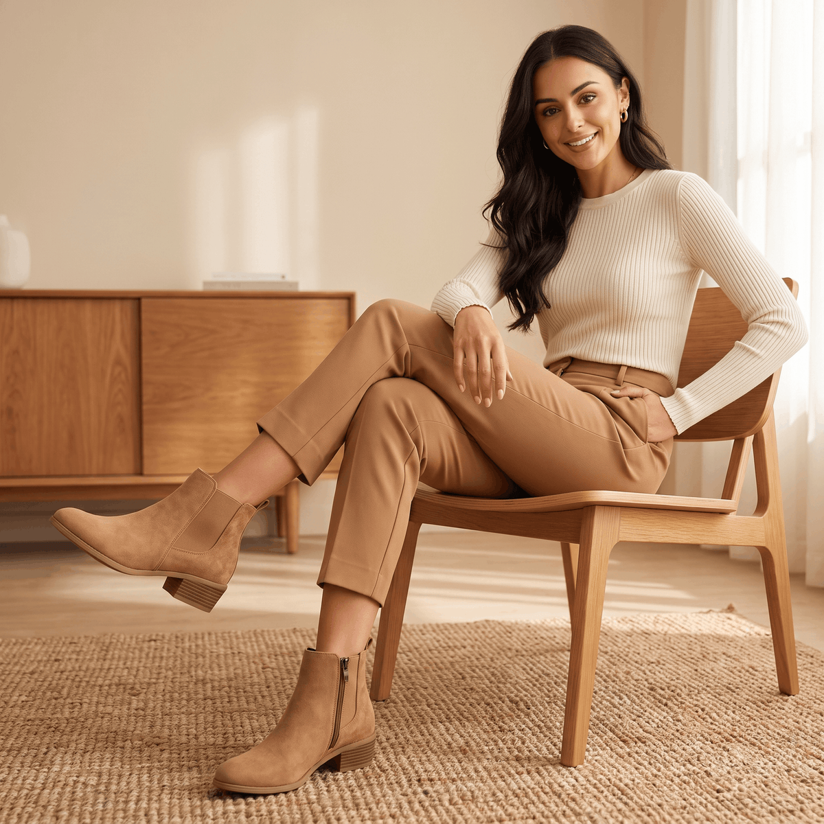 Woman seated wearing beige vegan suede Chelsea boots with beige trousers.